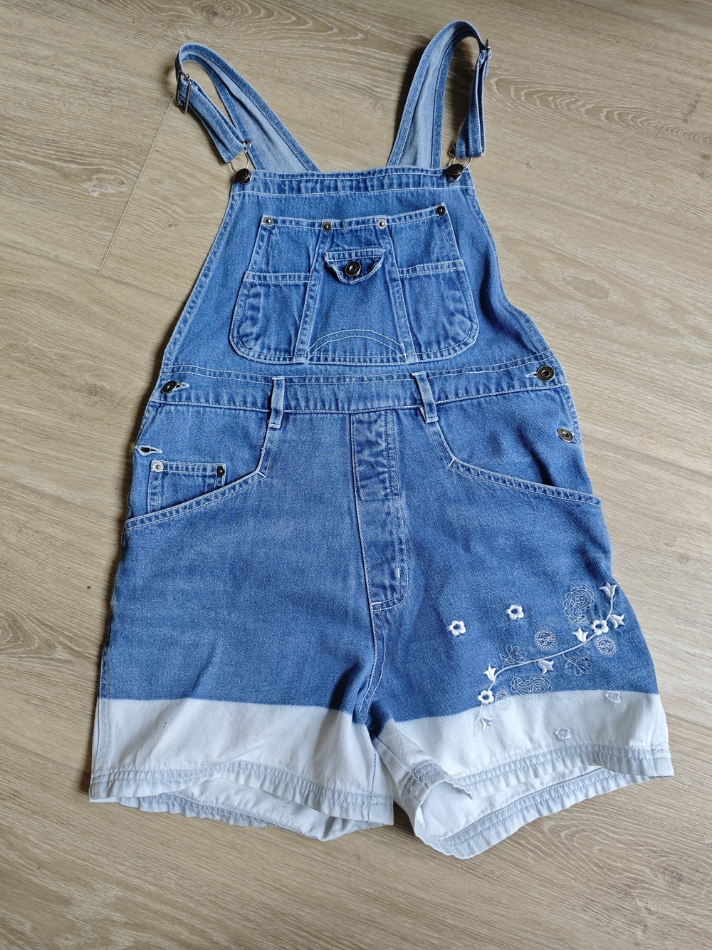 Vintage Y2K 2 Dye 4 Denim Short Overalls with White Hem and Floral Embroidery